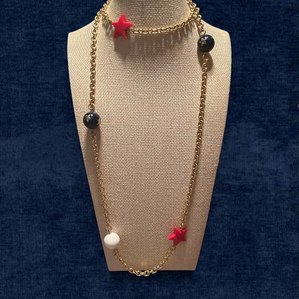 1970s Americana Star Red White Blue Statement Necklace 34” Patriotic Chain